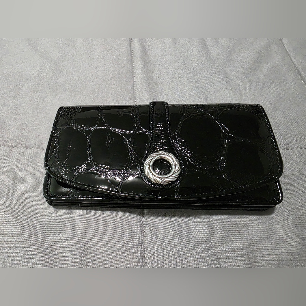 Nwt Brighton Black Patent Croc-Embossed Leather Clutch Wallet With Chain